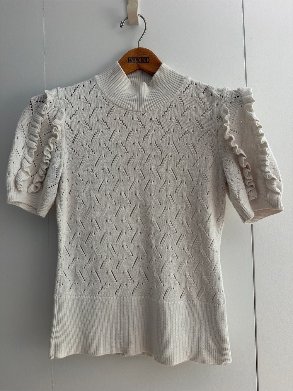 White House Black Market Cream Pointelle Ruffle-Sleeve Mock Neck Sweater